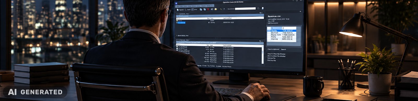 Ein Büro am Abend. Ein Mann arbeitet mit seinem PC. KI-generiert.