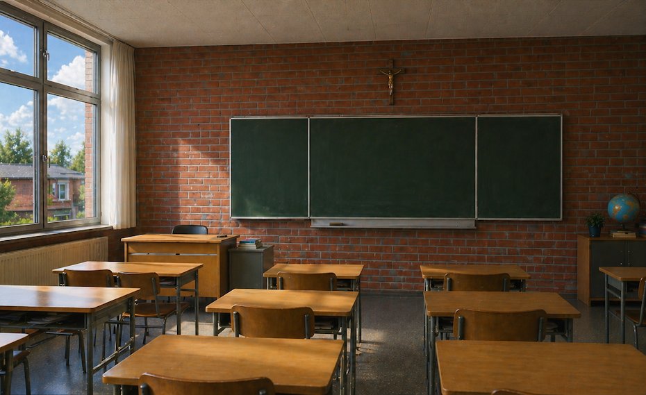 Ein Klassenraum von innen, mit Tischen, St&uuml;hlen und einer Tafel